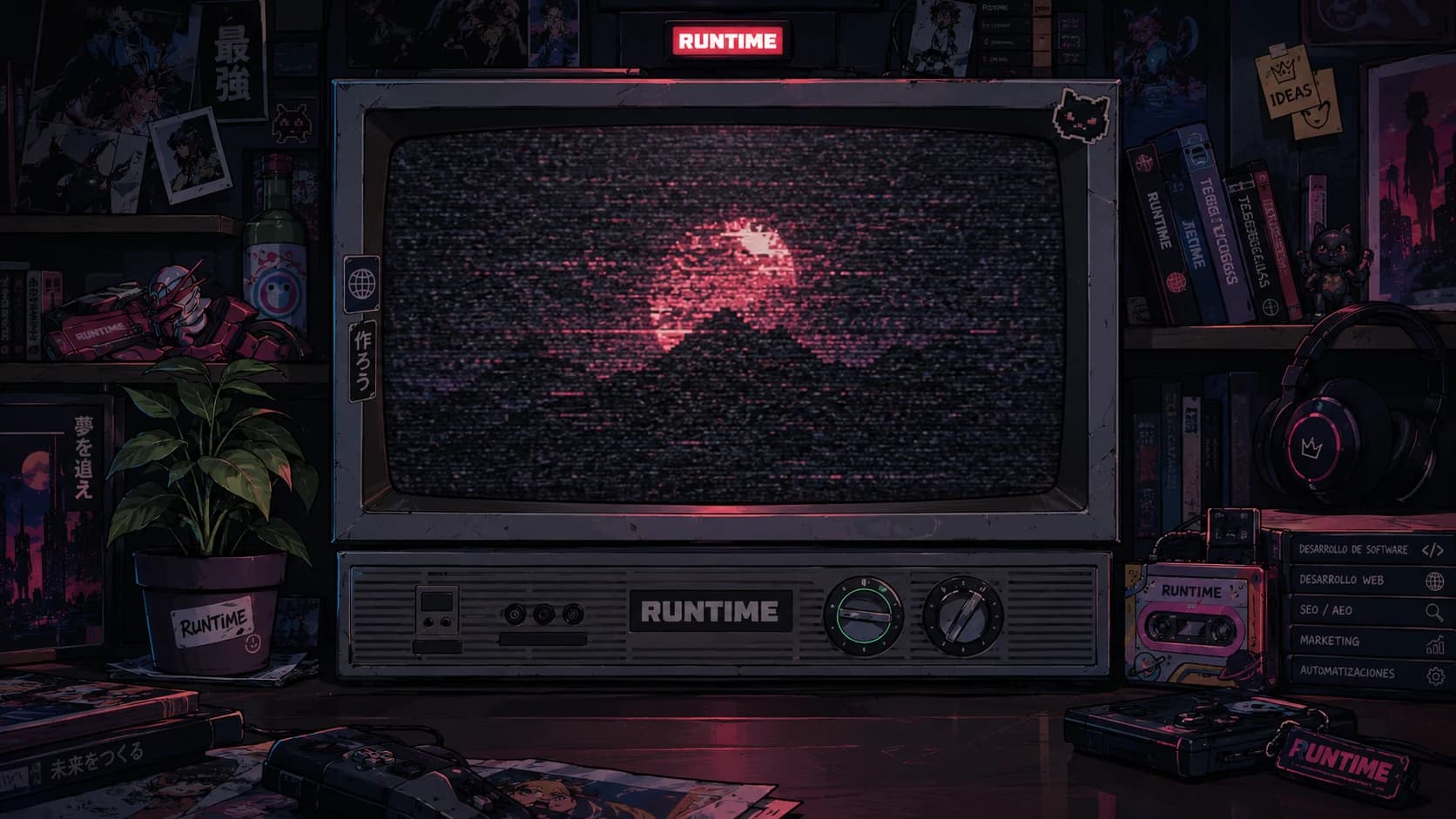 Salón con un televisor de tubo Runtime rodeado de estanterías, pósters y figuras